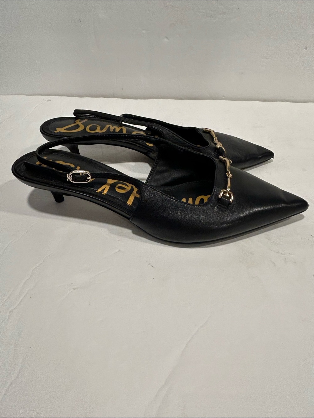 Sam Edelman "Farrah" Black Leather Horsebit Slingback Kitten Heels - Size 6W - Picture 6 of 12